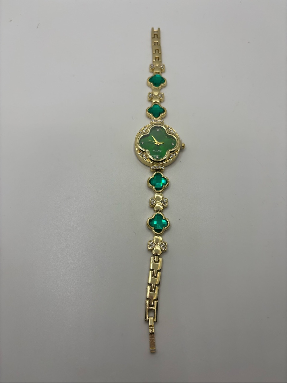 Elegant Gold-Tone Women's Watch with Green Stones – Quartz Bracelet Watch